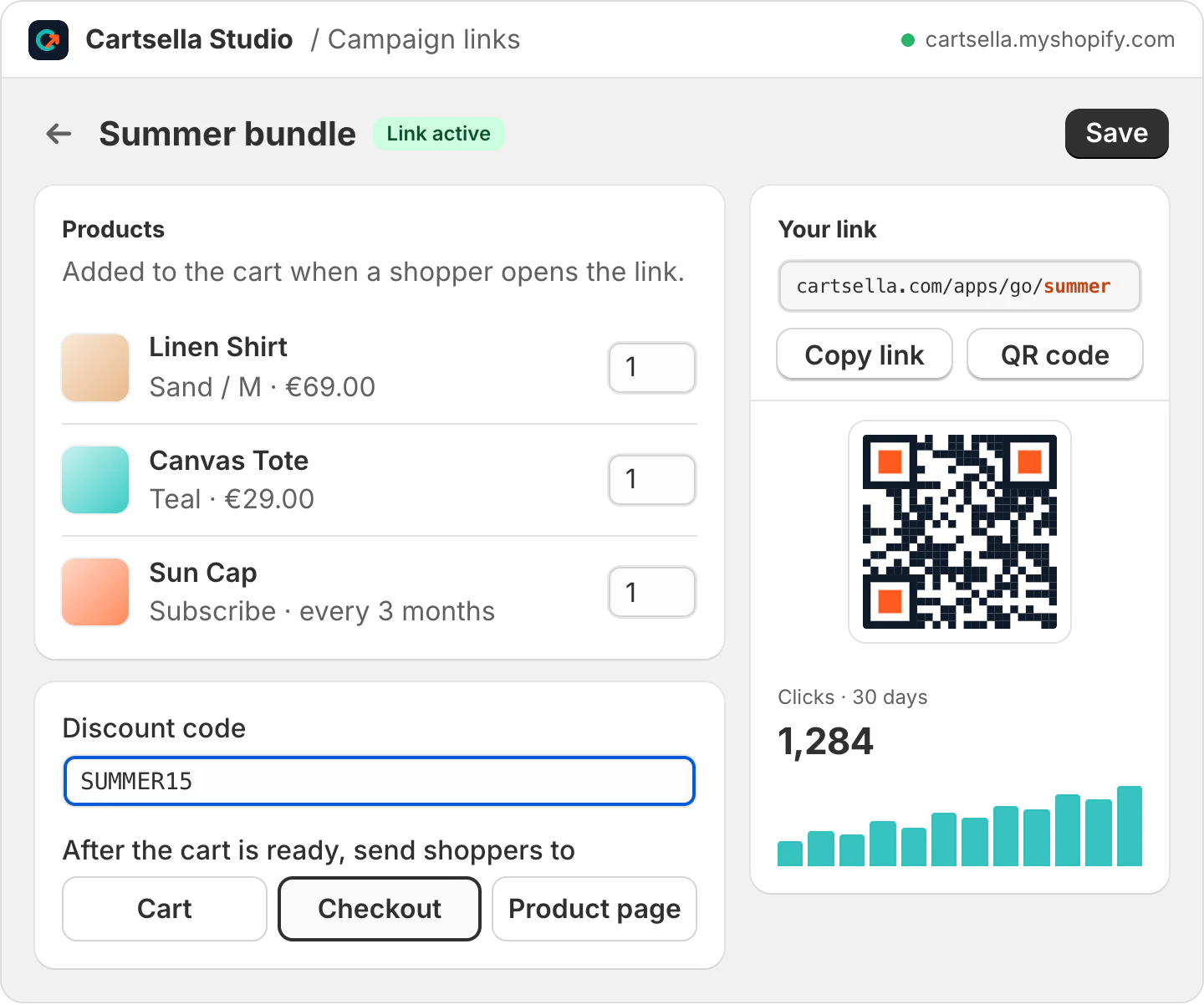 Campaign link editor in Cartsella Studio: three products, discount code SUMMER15, open at checkout, start and end dates, QR code and 1,284 clicks in 30 days