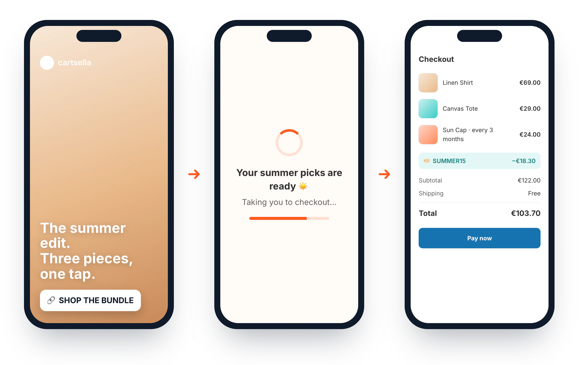 Three phone screens: an Instagram story with a Shop the bundle link, the store's branded loading screen, and checkout with the SUMMER15 discount applied
