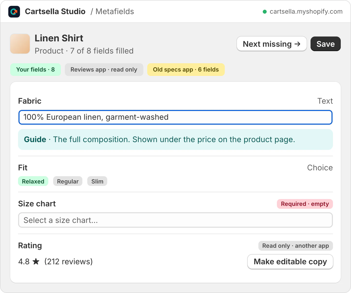 Cartsella Studio product fields editor showing fabric, fit, an empty size chart flagged as required, a writing guide and review data from another app