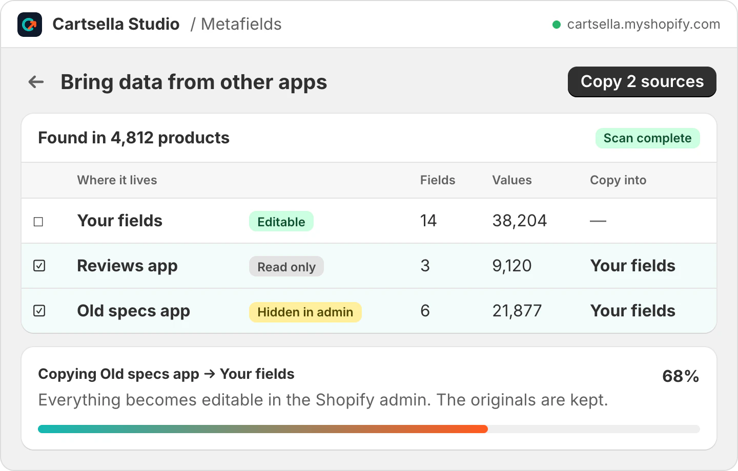 Cartsella Studio listing the product data found in the store, with two apps' data selected to copy into the store's own fields and a progress bar