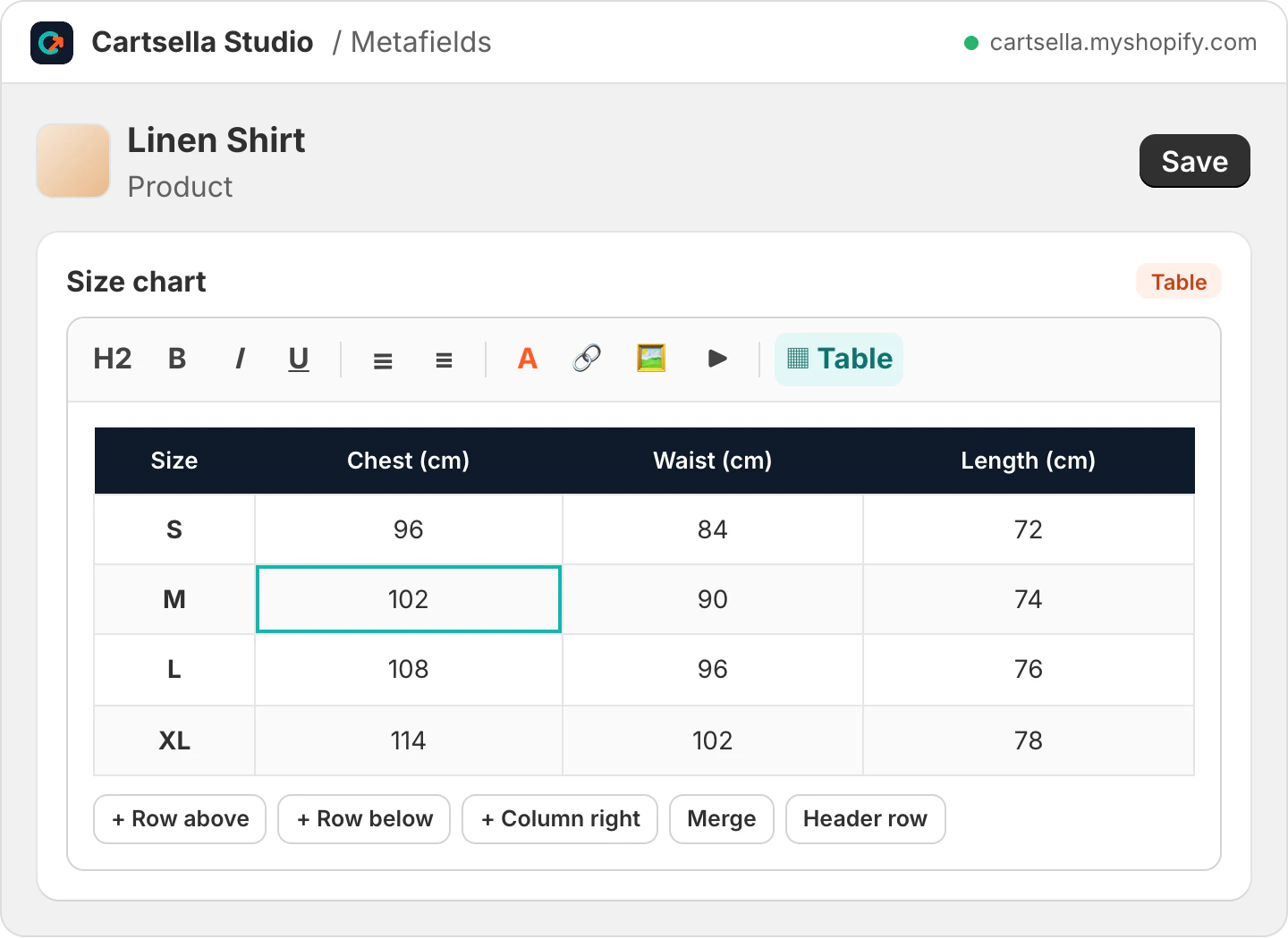 The Cartsella Studio table editor filling in a size chart for a product, with sizes S to XL and buttons to add rows, columns, merge cells and add a header row