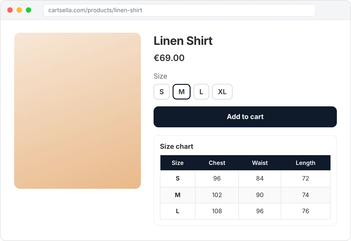 A product page on the store showing the size chart table under the Add to cart button